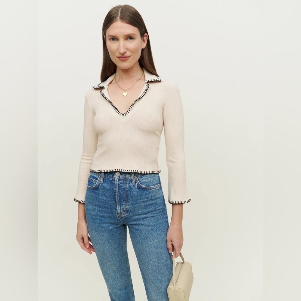 NWT Reformation Nolen Knit Collared Stitch Detail Top Bone XS Academia Casual